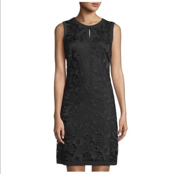 Karl Lagerfeld Bow-neck Lace Shift Dress In Black - Picture 1 of 5